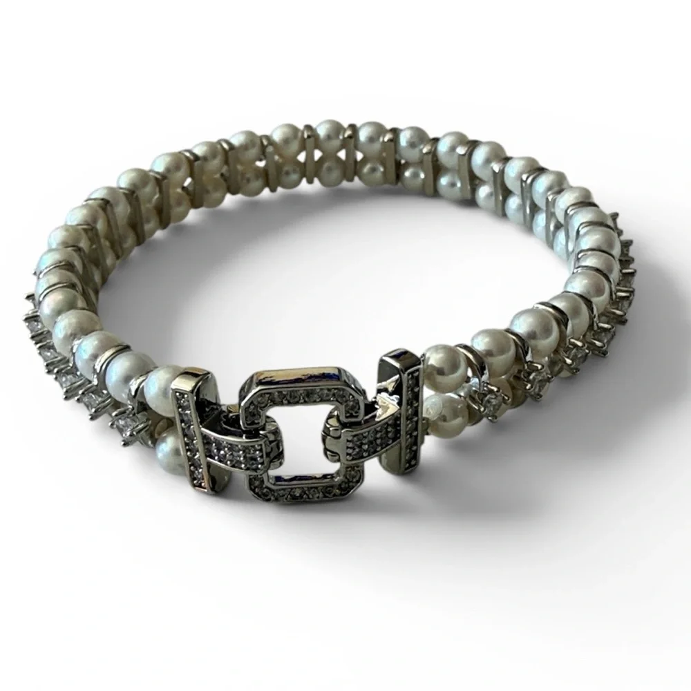 Baby Pearl CZ Bracelet | Silver Tone | Double Clasp | 7” - Picture 8 of 8